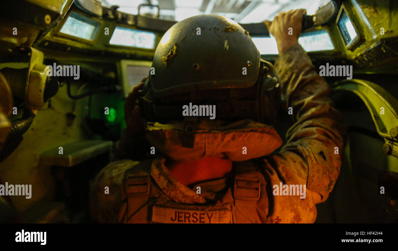 U. S. Marine Cpl. Paul Jersey prepares to start an amphibious assault vehicle aboard the Mexican navy tank landing ship ARM Usumacinta (A-412) July 5, 2016. U.S. Marines assigned to Bravo Company, 3rd Amphibious Assault Battalion practiced AAV embarkation procedures with crewmembers of the Usumacinta (A-412) as part of the Rim of Pacific 2016 exercise. Twenty-six nations, more than 40 ships and submarines, more than 200 aircraft and 25,000 personnel are participating in RIMPAC from June 30 to Aug. 4, in and around the Hawaiian Islands and Southern California. The world's largest international  Stock Photo