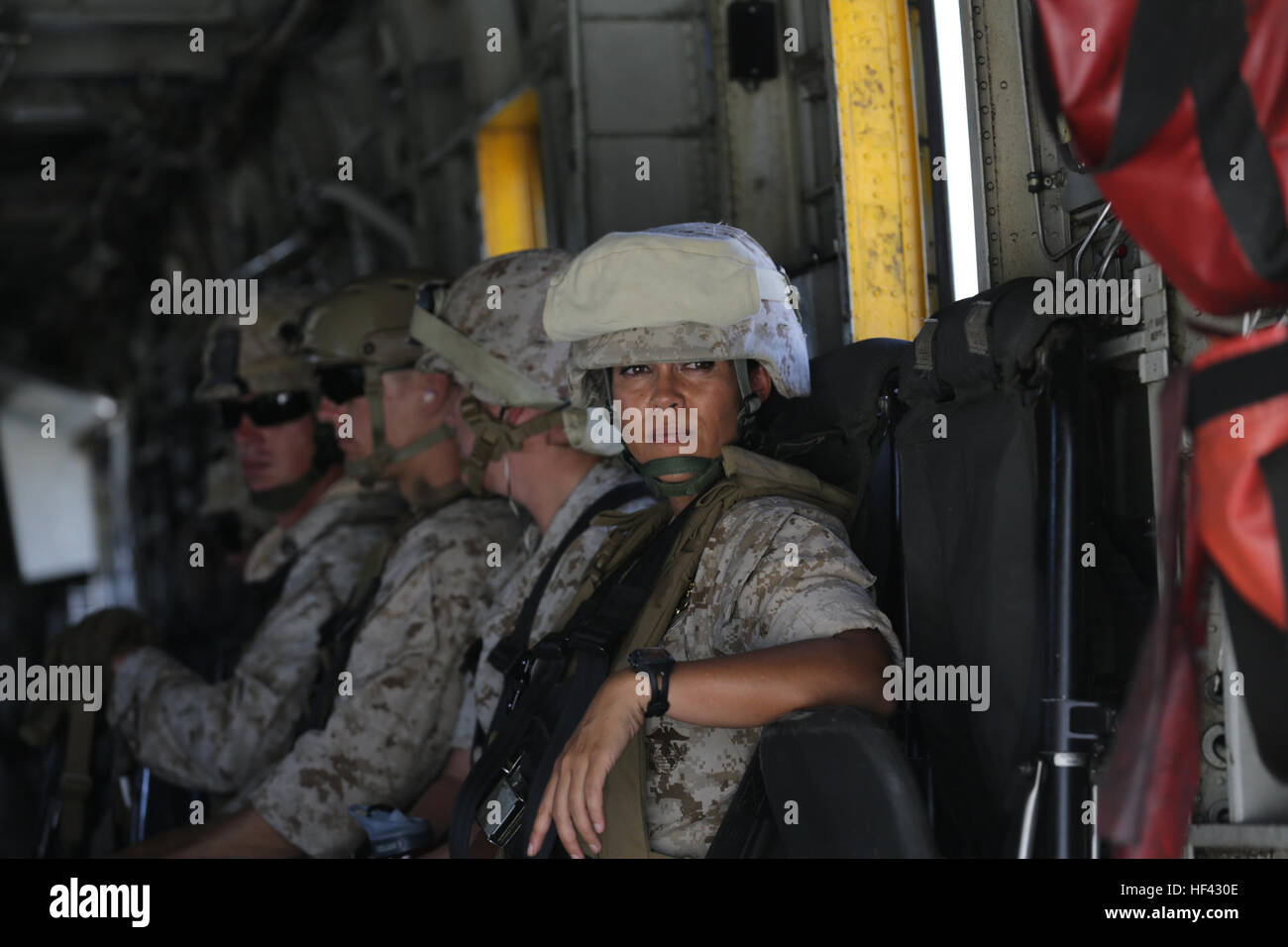 MARINE CORPS BASE CAMP PENDLETON, California (July 29, 2016)  – U.S. Navy corpsmen from 1st Medical Battalion prepare for a flight to Marine Corps Air Ground Combat Center Twentynine Palms, California, to retrieve casualties of simulated combat-related trauma to receive further treatment at Camp Pendleton, July 29, 2016. Navy surgeons, doctors and nurses participated in the exercise during the Marine Corps Warfighting Lab Marine Air-Ground Task Force Integrated Experiment that will test the capabilities of new deployable medical equipment and the efficiency of using the least amount of supplie Stock Photo