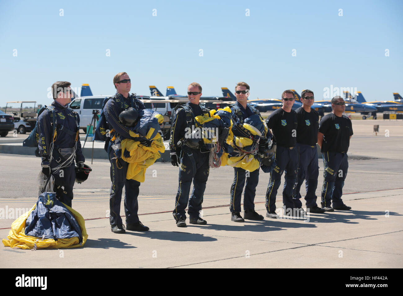 The U.S. Navy Leap Frogs Parachute Team is introduced to a crowd of onlookers during the 2016 Marine Corps Air Station (MCAS) Miramar Air Show at MCAS Miramar, Calif., Sept. 24, 2016. The MCAS Miramar Air Show honors 100 years of the Marine Corps Reserves by showcasing aerial prowess of the Armed Forces and their appreciation of civilian community’s support to the troops. (U.S. Marine Corps photo by Pfc. Nadia J. Stark/Not Released) 2016 MCAS Miramar Air Show 160924-M-BV291-215 Stock Photo