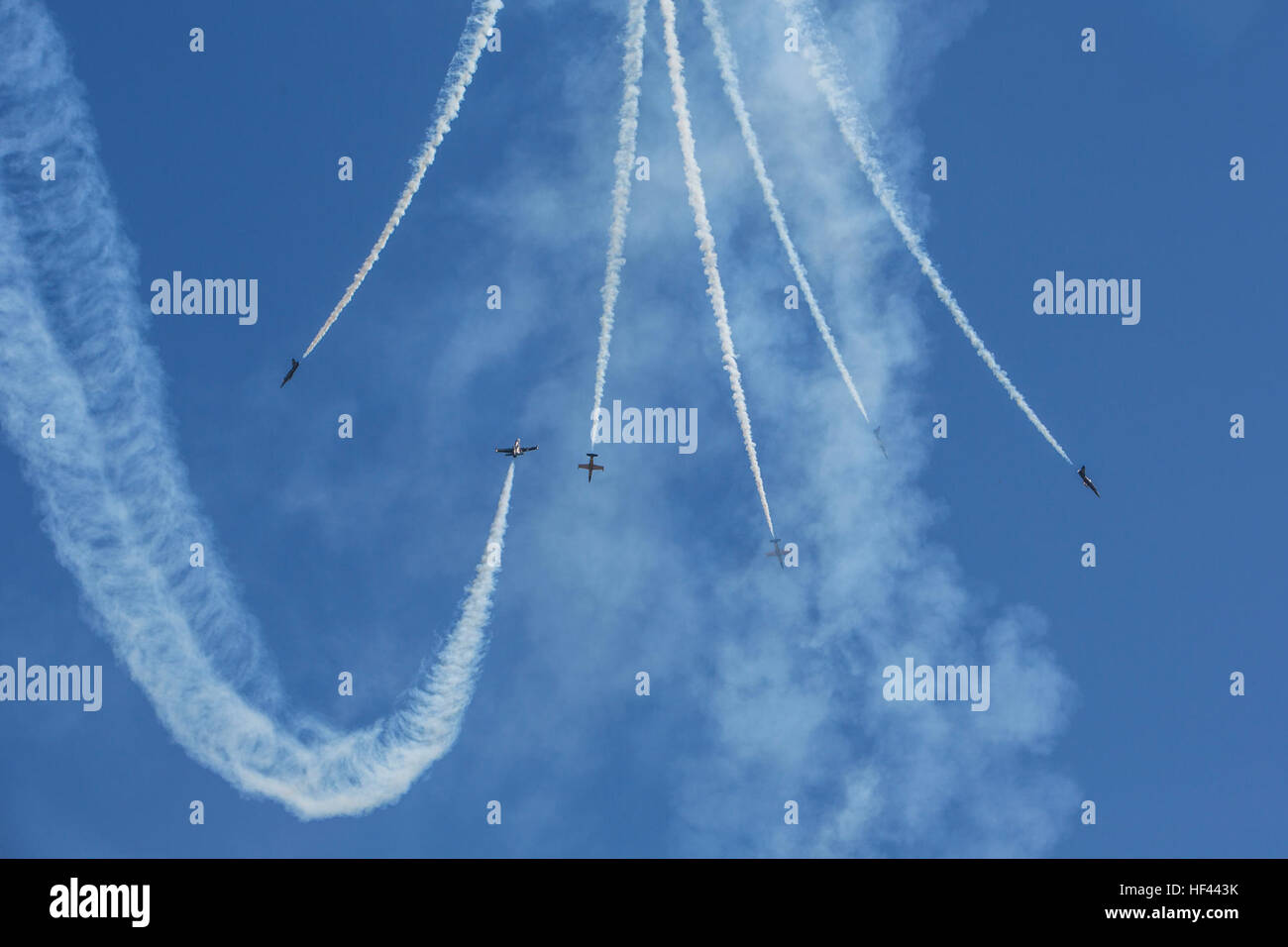 U.S. Navy Blue Angels perform aerobic maneuvers during the 2016 Marine Corps Air Station (MCAS) Miramar Air Show at MCAS Miramar, Calif., Sept. 24, 2016. The MCAS Miramar Air Show honors 100 years of the Marine Corps Reserves by showcasing aerial prowess of the Armed Forces and their appreciation of the civilian community’s support to the troops. (U.S. Marine Corps photo By Corporal Jessica Y. Lucio/Released) MCAS Miramar Air Show 160924-M-UX416-023 Stock Photo