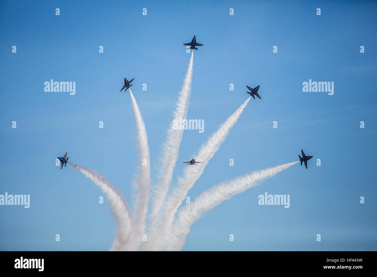 U.S. Navy Blue Angels perform aerobic maneuvers during the 2016 Marine Corps Air Station (MCAS) Miramar Air Show at MCAS Miramar, Calif., Sept. 24, 2016. The MCAS Miramar Air Show honors 100 years of the Marine Corps Reserves by showcasing aerial prowess of the Armed Forces and their appreciation of the civilian community’s support to the troops. (U.S. Marine Corps photo By Corporal Jessica Y. Lucio/Released) MCAS Miramar Air Show 160924-M-UX416-051 Stock Photo