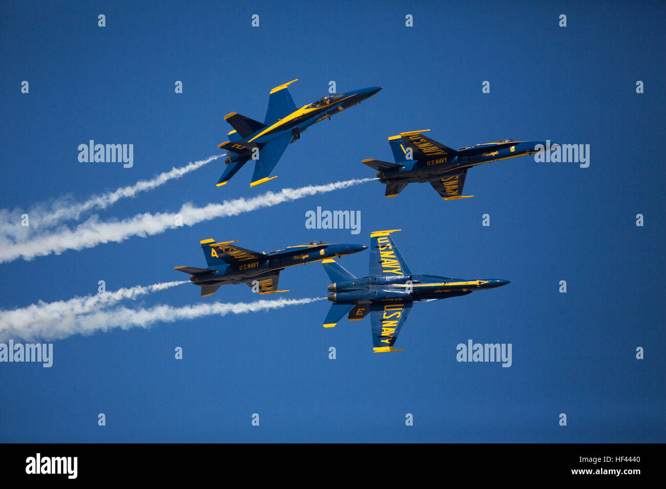 U.S. Navy Blue Angels perform aerobic maneuvers during the 2016 Marine Corps Air Station (MCAS) Miramar Air Show at MCAS Miramar, Calif., Sept. 24, 2016. The MCAS Miramar Air Show honors 100 years of the Marine Corps Reserves by showcasing aerial prowess of the Armed Forces and their appreciation of the civilian community’s support to the troops. (U.S. Marine Corps photo By Corporal Jessica Y. Lucio/Released) MCAS Miramar Air Show 160924-M-UX416-062 Stock Photo