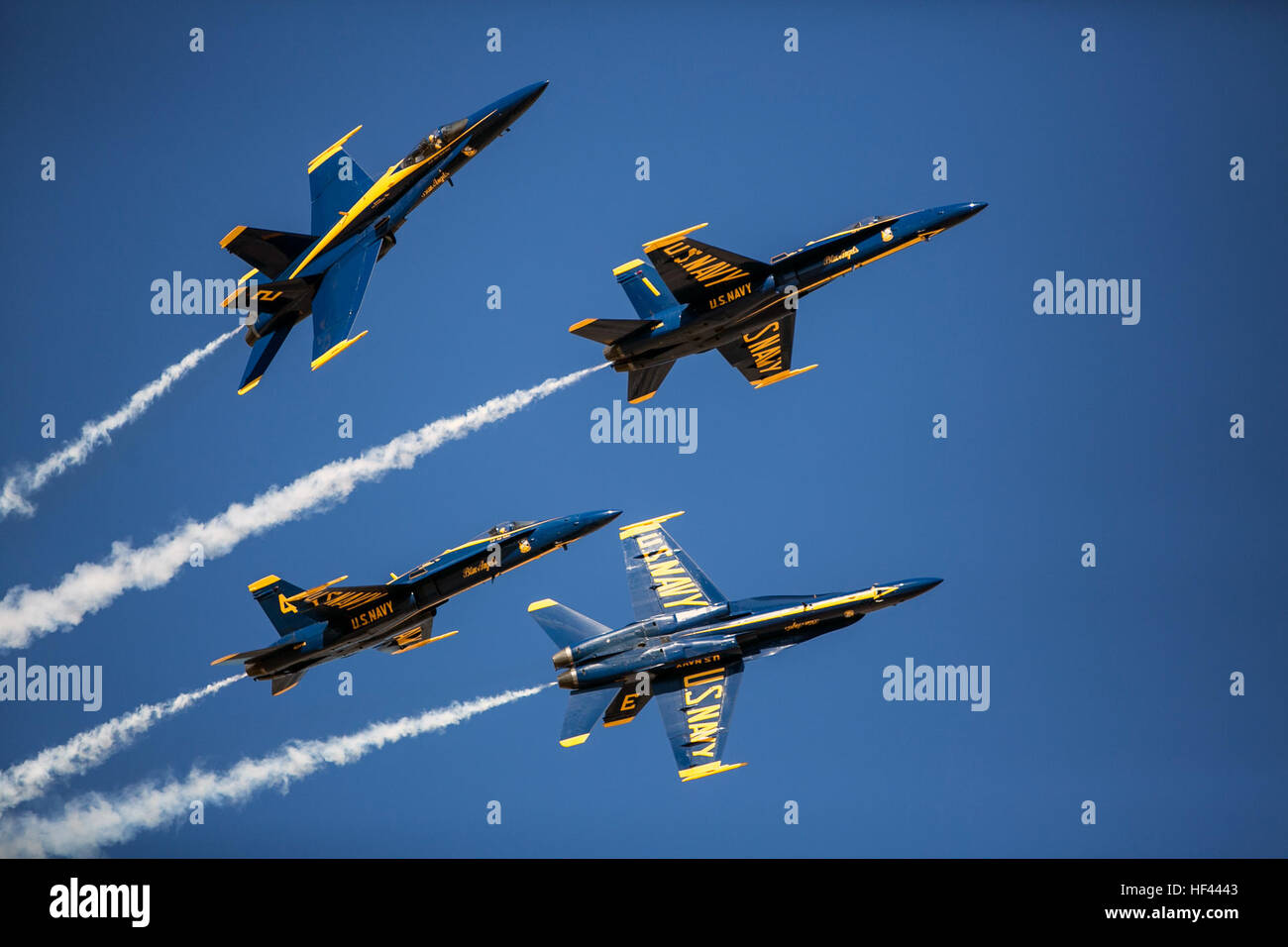 U.S. Navy Blue Angels perform a dramatic maneuver with their F/A-18 Hornets while flying in a precision aerobatic formation during the 2016 Marine Corps Air Station (MCAS) Miramar Air Show at MCAS Miramar, Calif., Sept. 24, 2016. This year’s air show is dedicated to recognizing 100 years of the Marine Corps Reserves. (U.S. Marine Corps photo by Lance Cpl. Ariana Castro/RELEASED)160924-M-RZ188-017Join the conversation: http://www.navy.mil/viewGallery.asp http://www.facebook.com/USNavy http://www.twitter.com/USNavy http://navylive.dodlive.mil http://pinterest.com https://plus.google.com U.S. Nav Stock Photo