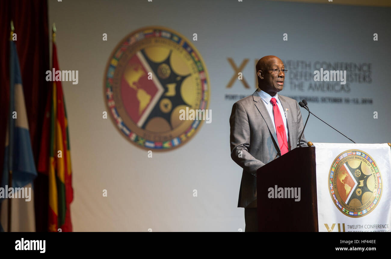 The prime minister of Trinidad and Tobago, Keith Rowley, speaks during the Conference of Defense Ministers of the Americas in the Port of Spain, Trinidad and Tobago, Oct. 11, 2016. (DoD photo by U.S. Air Force Tech. Sgt. Brigitte N. Brantley) 161011-D-GO396-326 (30266002165) Stock Photo