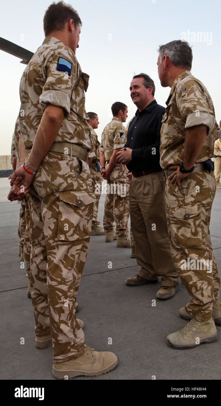 Liam Fox, the Secretary of State for Defence of the United Kingdom, speaks with U.K. service members while touring the U.K. flight line here, Aug. 10. Fox shook the hand of every service member present, speaking with each briefly to ask questions and thank them for their service. Fox met the men and women who maintain, crew and fly the Mk9A Lynx and AW101 Merlin helicopters, which are used to transport International Security Assistance Forces and Afghan National Army troops and supplies throughout Helmand province. Defence Secretary Liam Fox visits Camp Bastion DVIDS308671 Stock Photo
