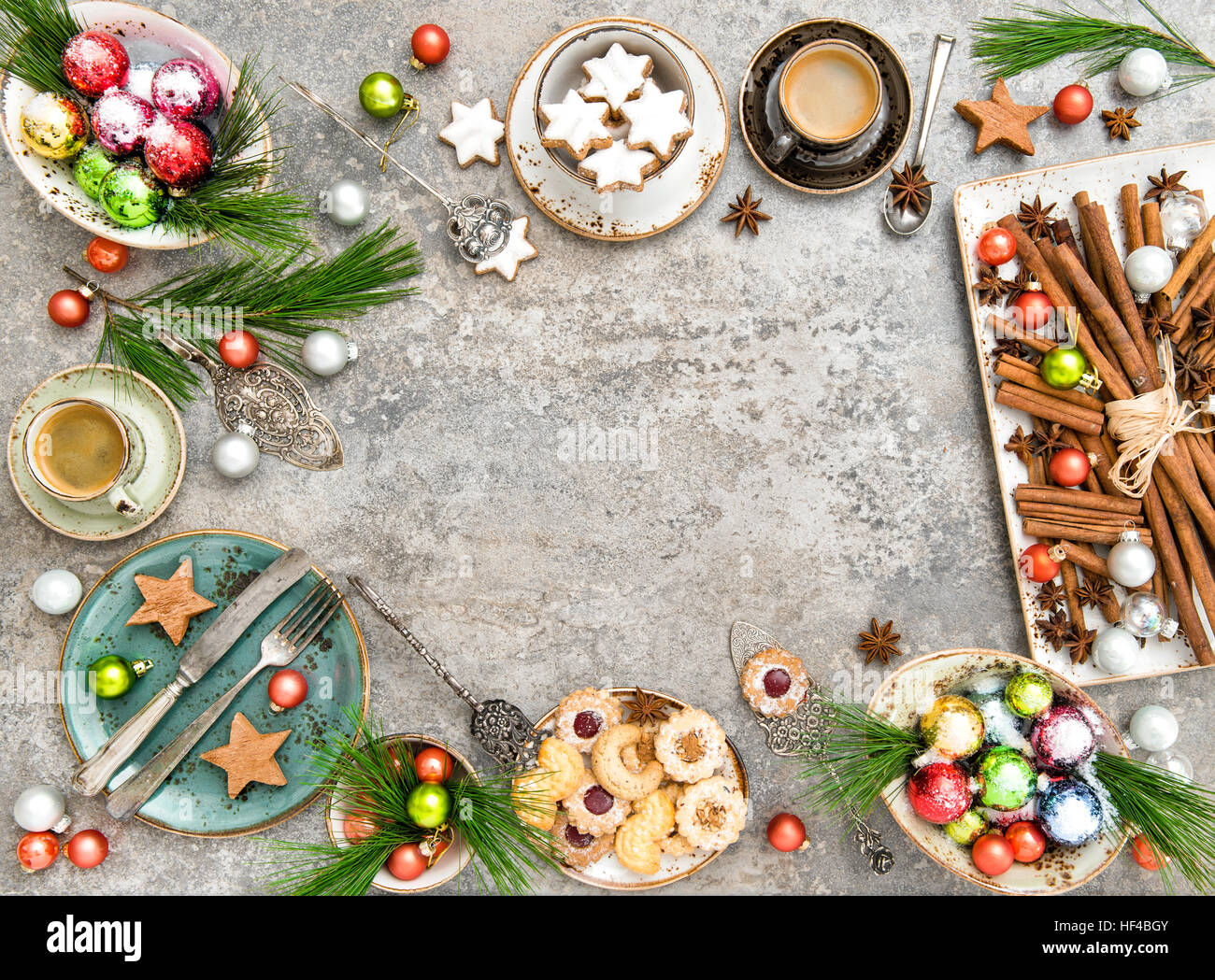 Christmas table decoration. Traditional german cookies and coffee ...