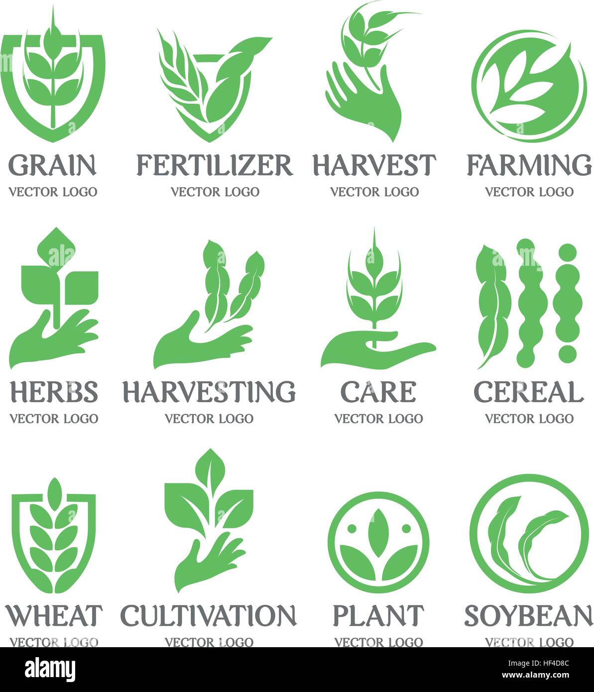 Isolated abstract green color wheat ear logo collection. Nature element logotype set. Leaf in human hand icon. Agricultural organic products signs. Harvesting vector illustration. Stock Vector