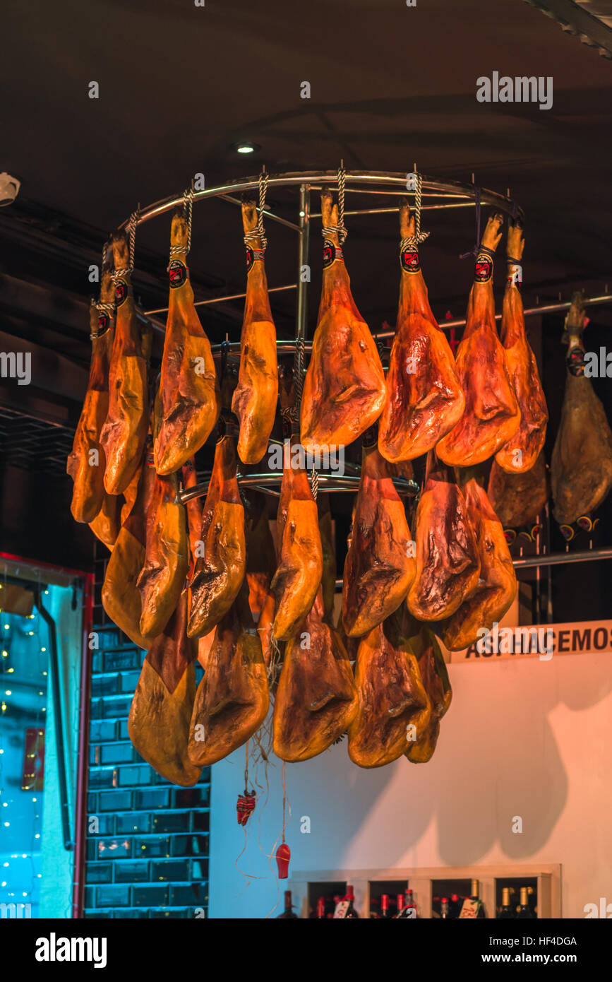 Hanging ham in Madrid shop. Spain. Stock Photo