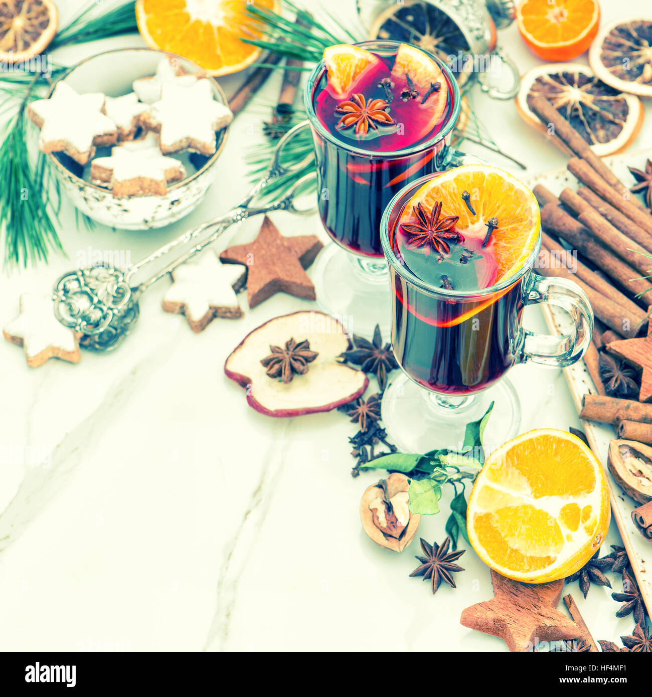 Mulled wine. Hot red punch with fruit and spices. Christmas food