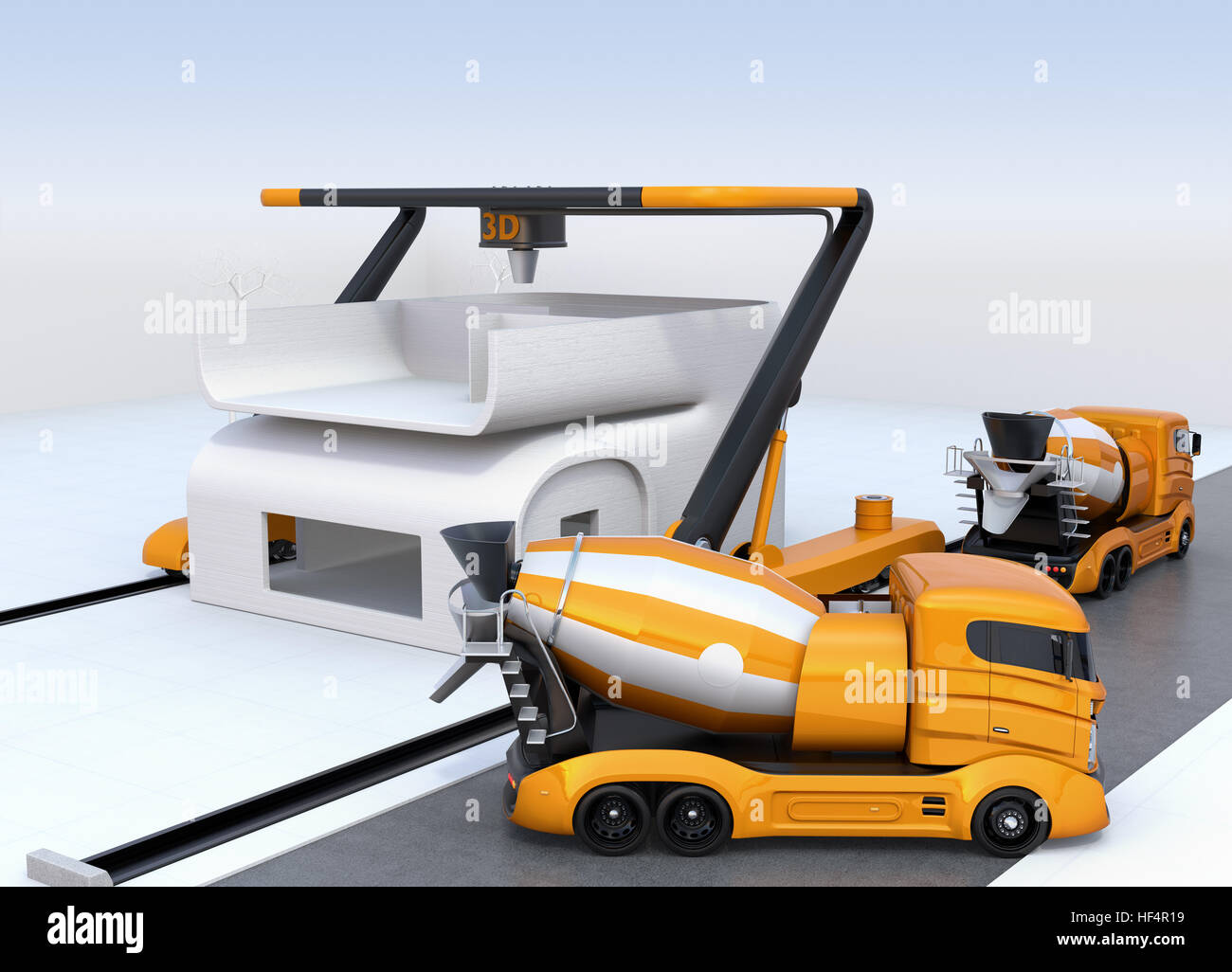 Concrete mixer trucks in the side of industrial 3D printer which
