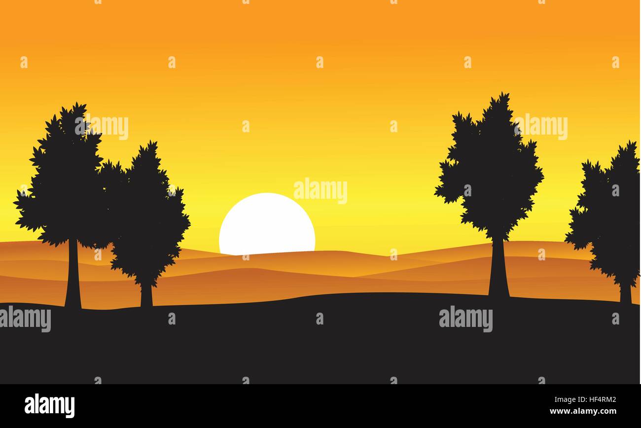 Silhouette of tree on the hill at the sunset Stock Vector Image & Art ...