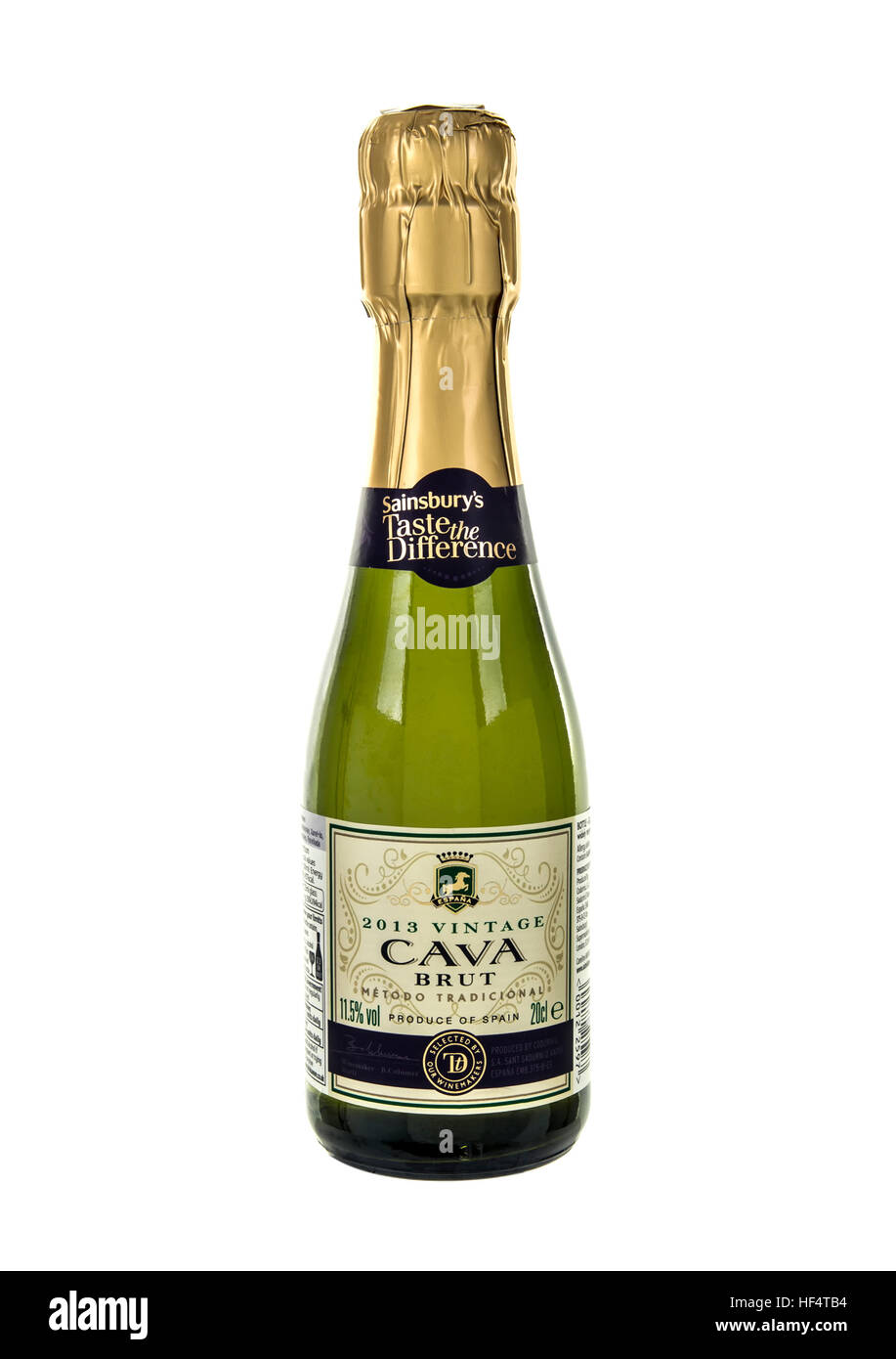 Bottle of Sainsburys Taste the Difference Brut Cava on a white background Stock Photo