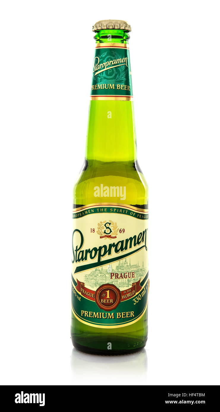 Bottle of Staropramen beer isolated on white background. Staropramen Brewery is the second largest brewery in the Czech Republic Stock Photo