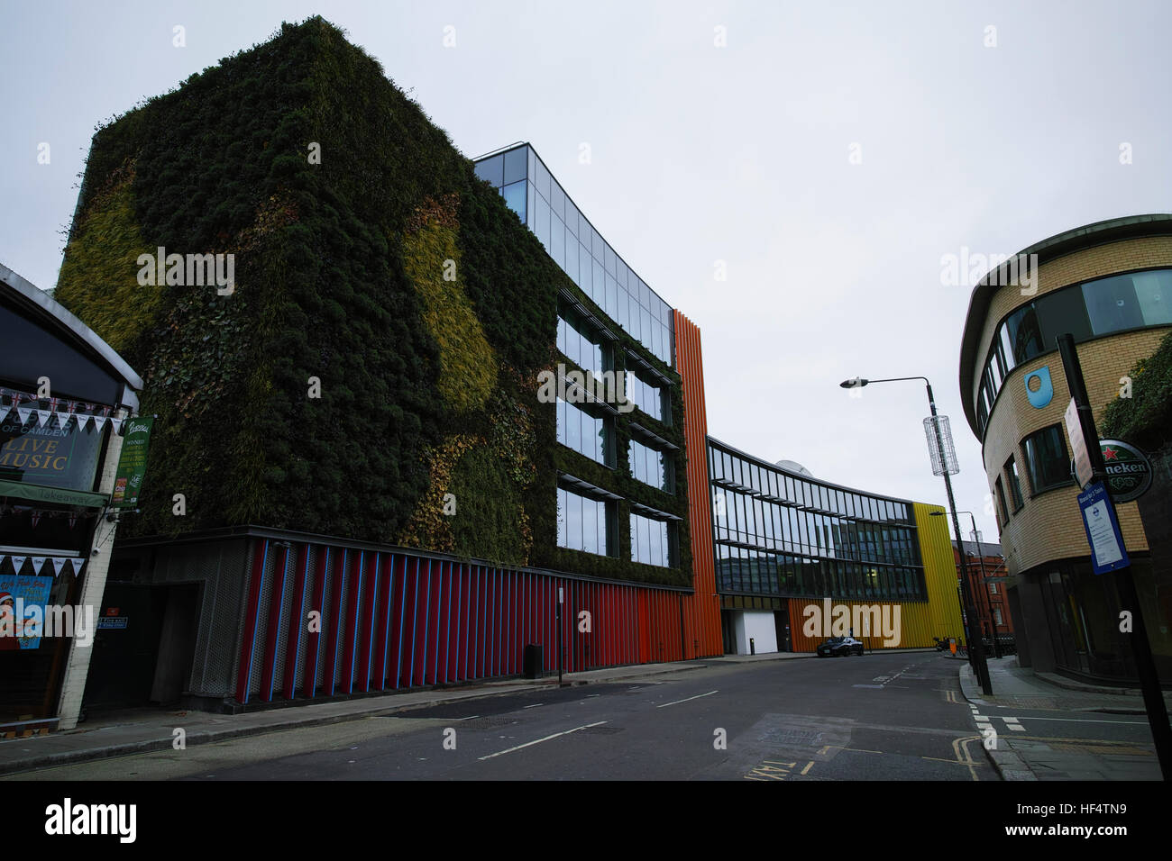 Dramatic shot of the new living wall on the recently completed extension to the MTV Studios in Hawley Crescent in Camden Town Stock Photo