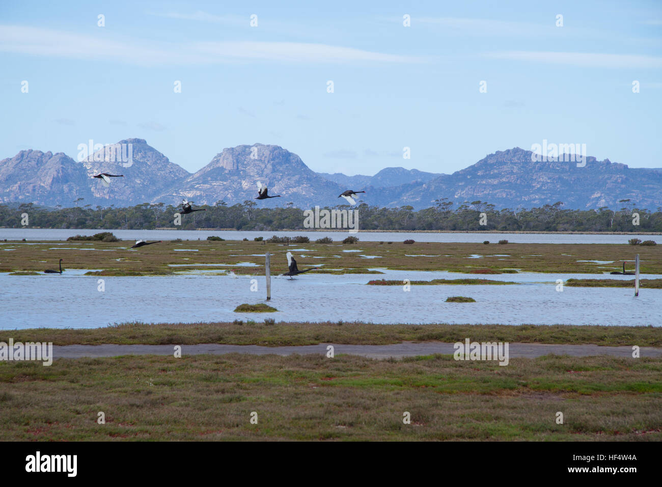 View of the Hazards Mountains National Park over Moulting Lagoon, Tasmania, Australia Stock Photo