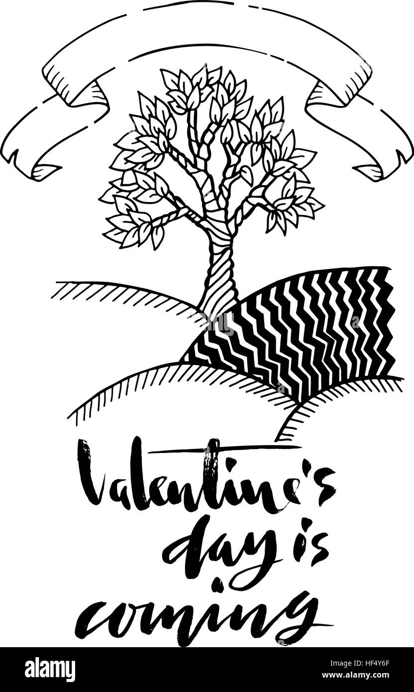 Hand drawn doodle tree with st. Valentine lettering Stock Vector