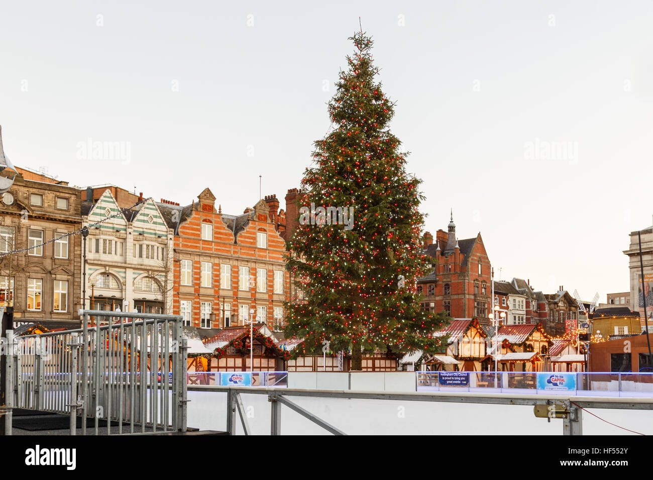 Christmas tree and the Christmas market in Nottingham Market Square. In Nottingham, England. On