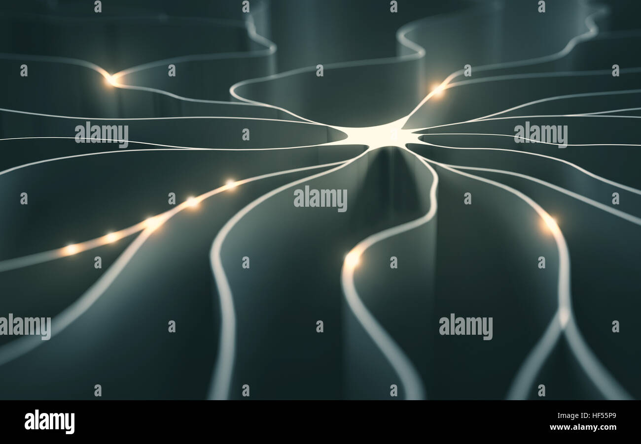 3D illustration, concept of artificial neuron with electrical pulses. Stock Photo