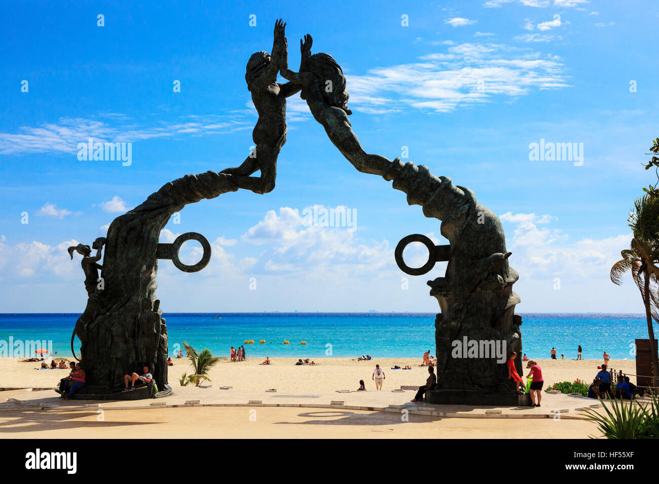 Entrance to the beach at Playa Del Carmen with symbols from the ancient Mayan culture, Riviera Maya, Mexico Stock Photo