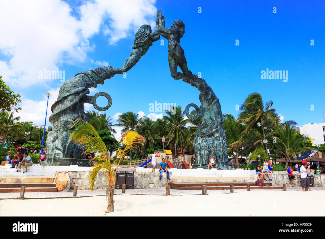 Entrance to the beach at Playa Del Carmen with symbols from the ancient