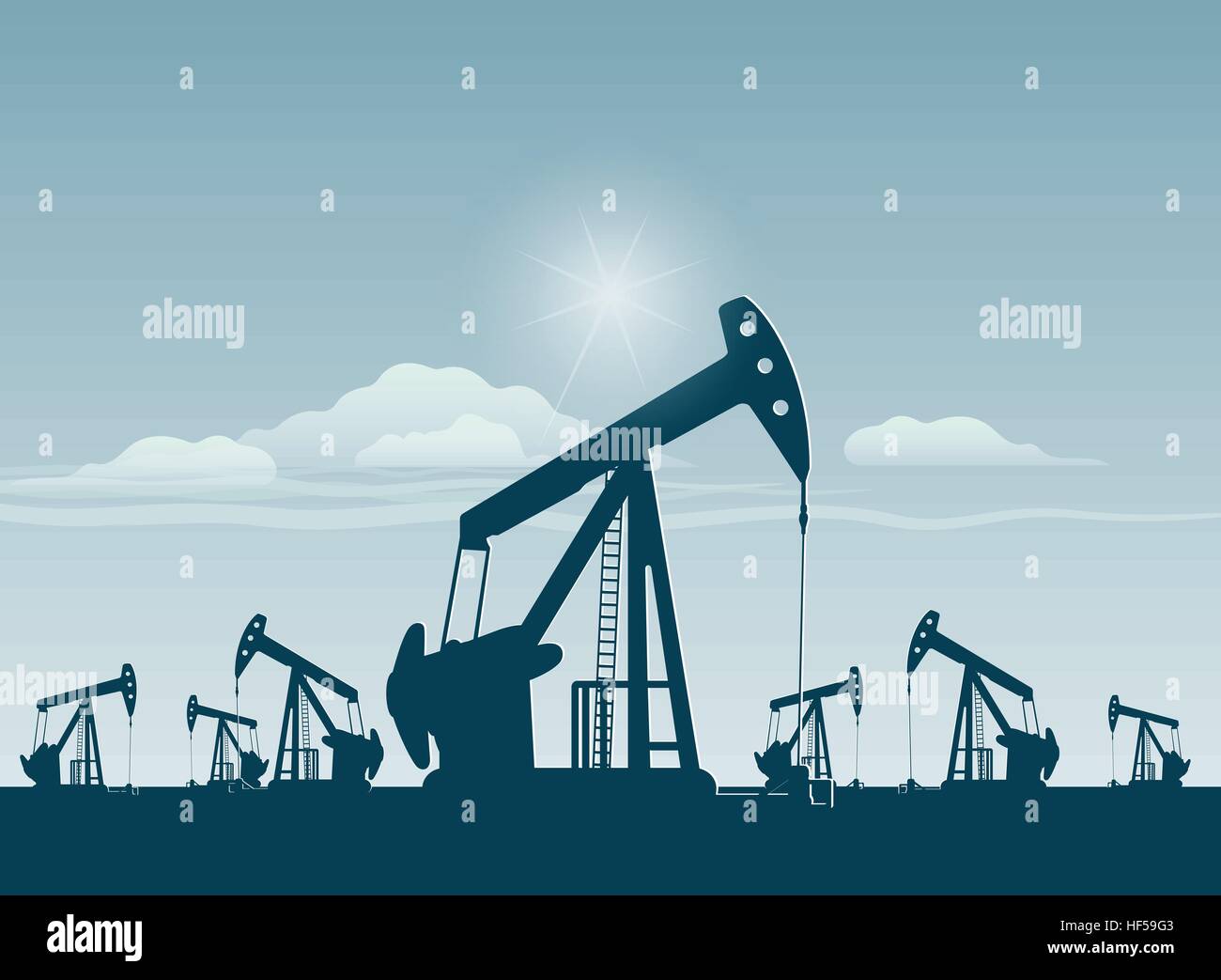 silhouette of working oil pumps , oil industry equipment Stock Vector