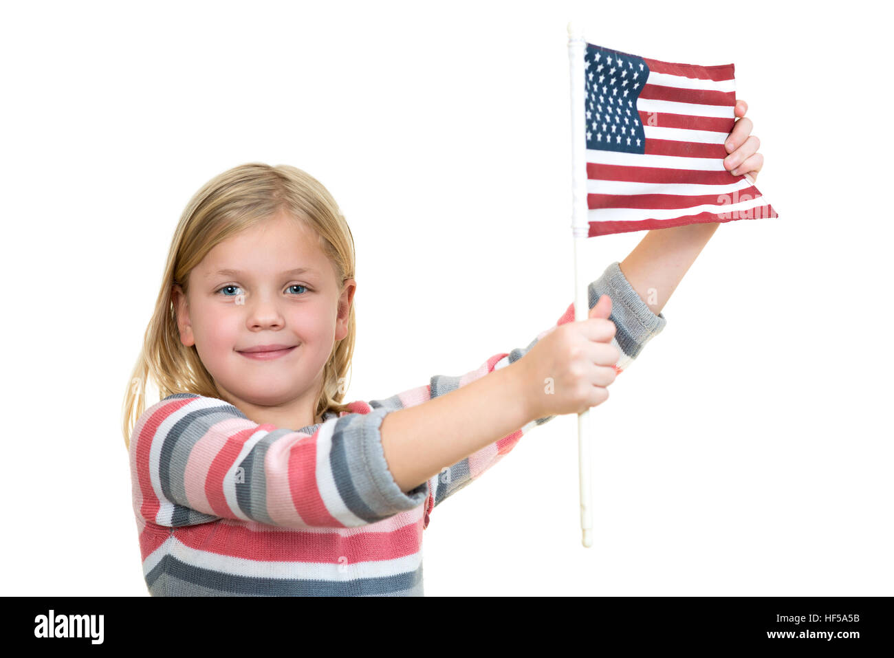 Sweet blonde Girl holding an american flag Stock Photo - Alamy