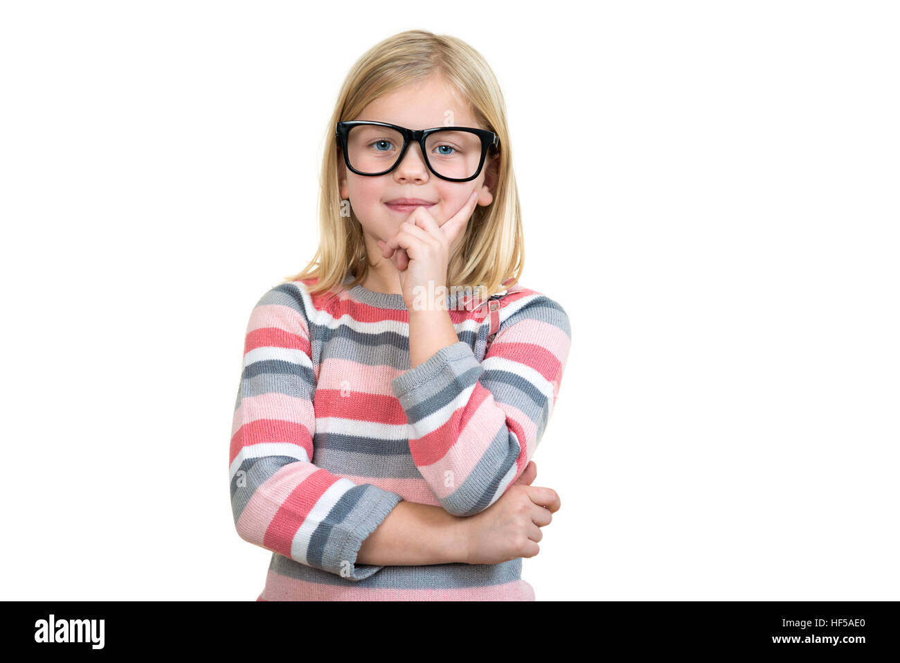 Adorable child in glasses thinking isolated on white Stock Photo
