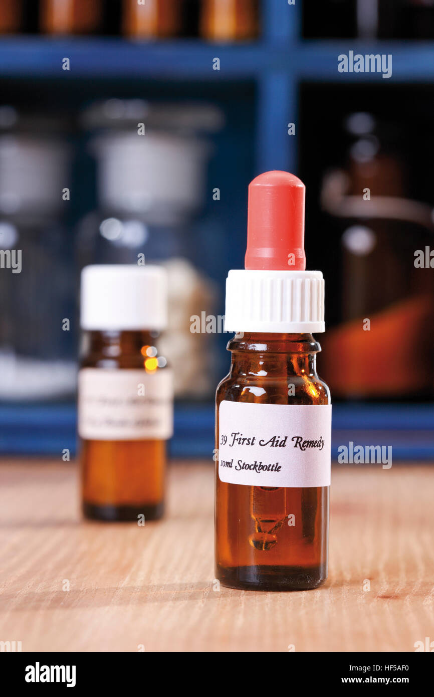 Homeopathic liquid remedy, Bach's flower remedy in bottles in front of