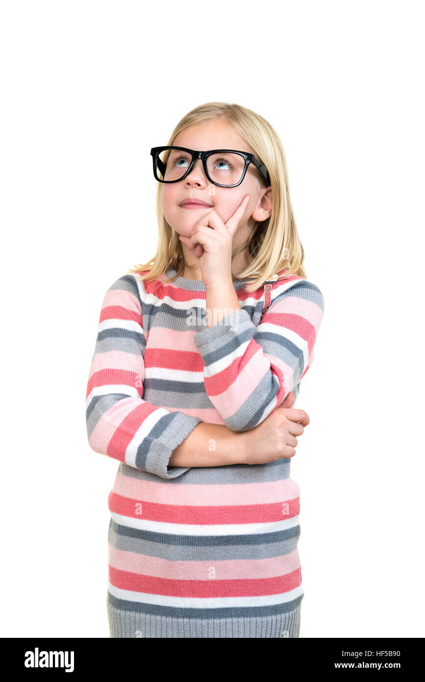 Adorable child in glasses thinking isolated on white Stock Photo
