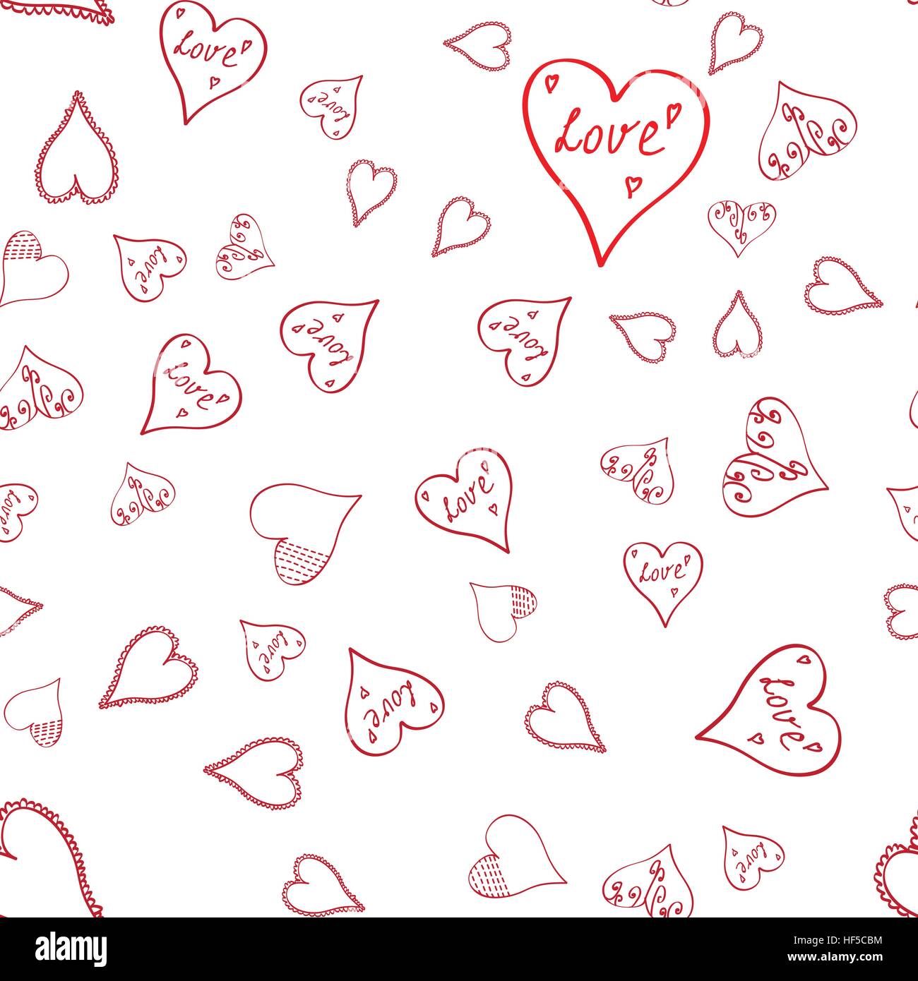 Seamless pattern with different size hand-drawn hearts on white ...