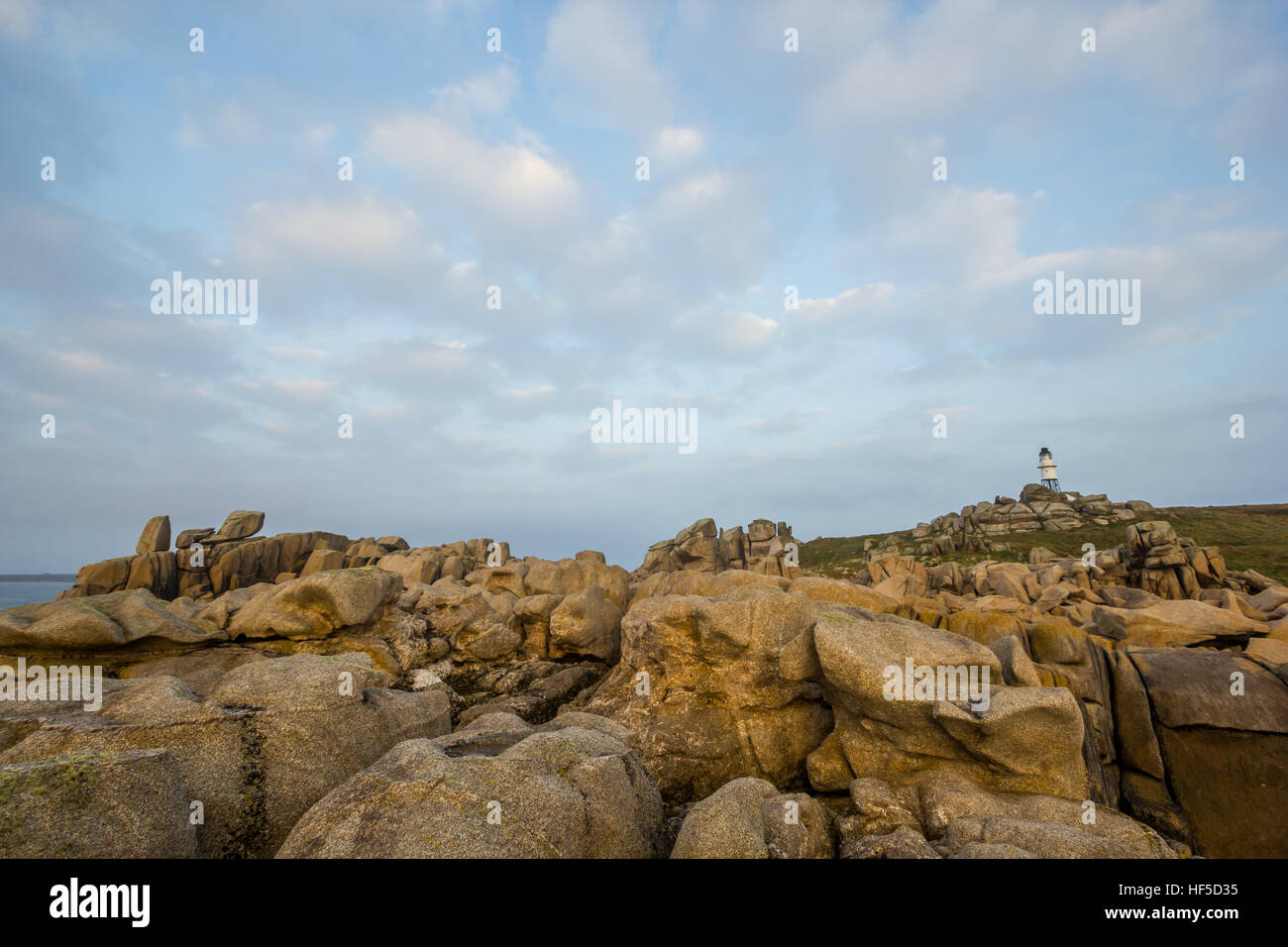 The rocky landscape overlooked by Penninis lighthouse, St Mary's, Isles of Scilly, September 2014 Stock Photo