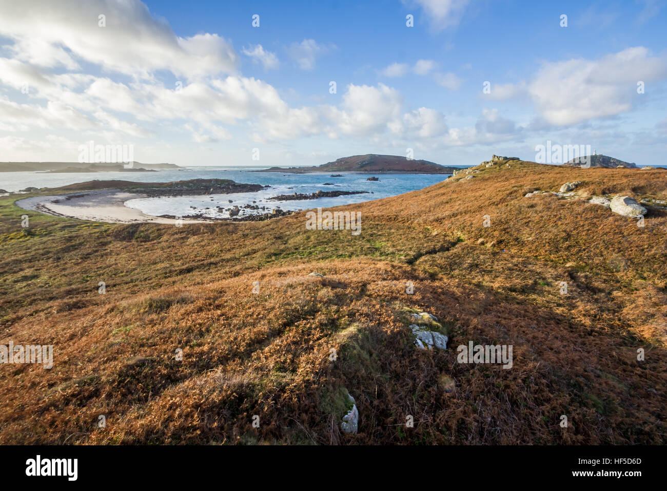 The uninhabited island of Tean with surrounding islands, Isles of Scilly, January 2015 Stock Photo