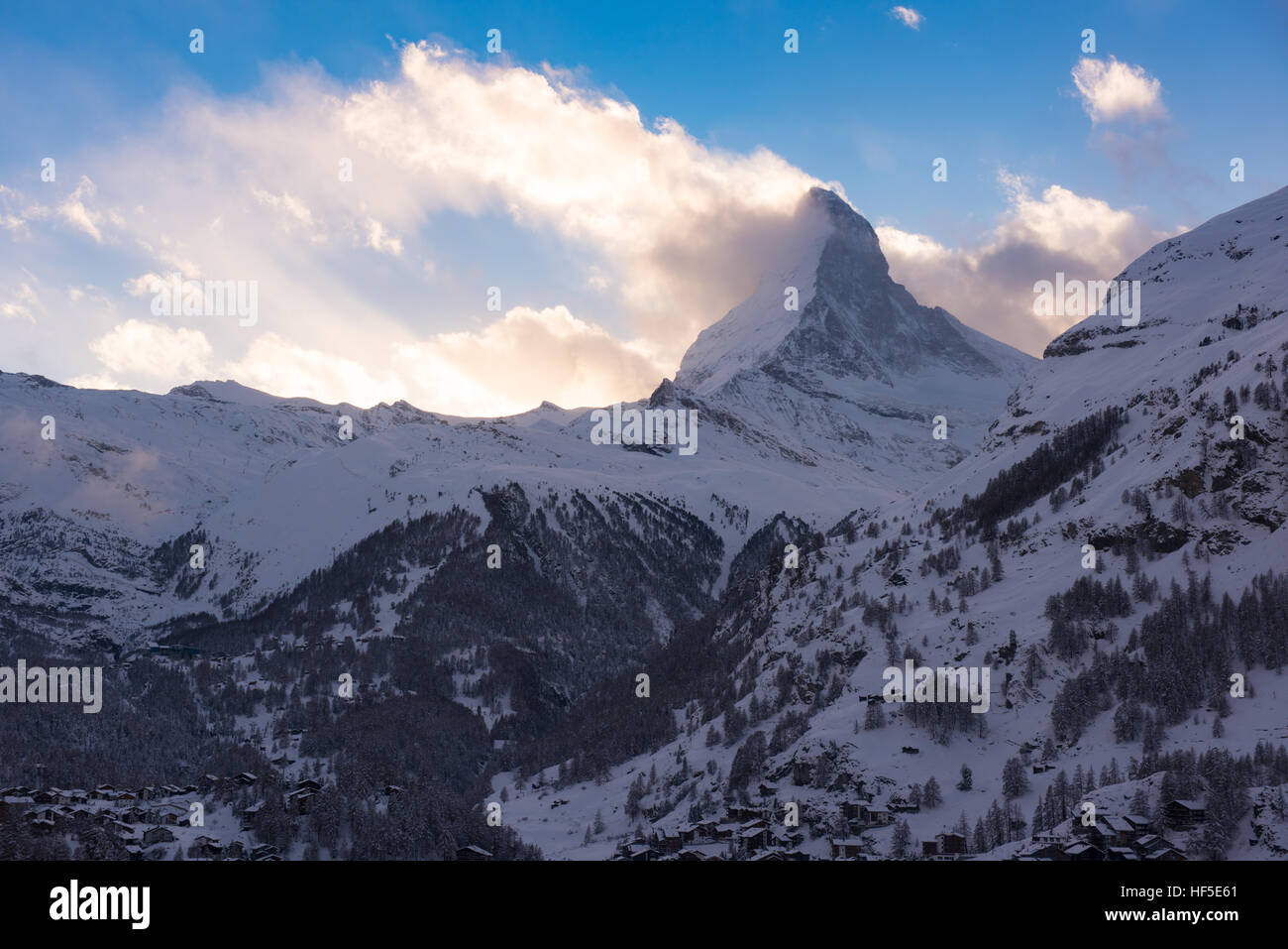 aerial view on zermatt valley and matterhorn peak at dusk with fresh ...