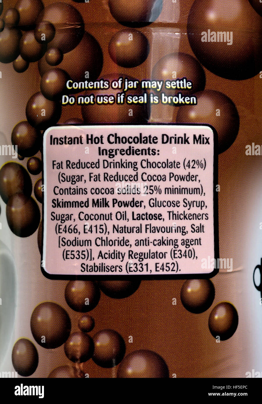 Ingredients list on Aero Hot Chocolate drink jar Stock Photo
