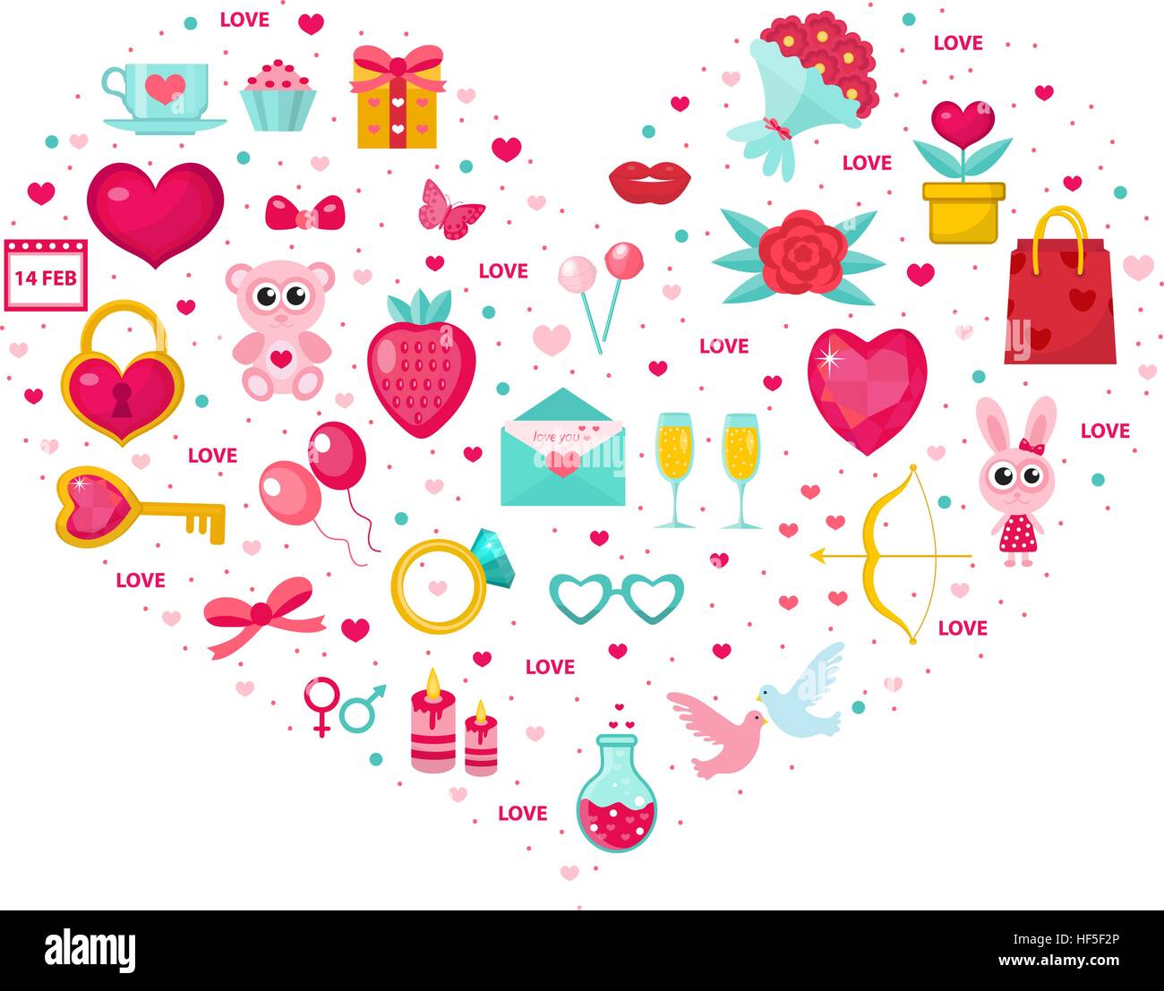 Valentines Day icon set in heart shape. Template for greeting card ...