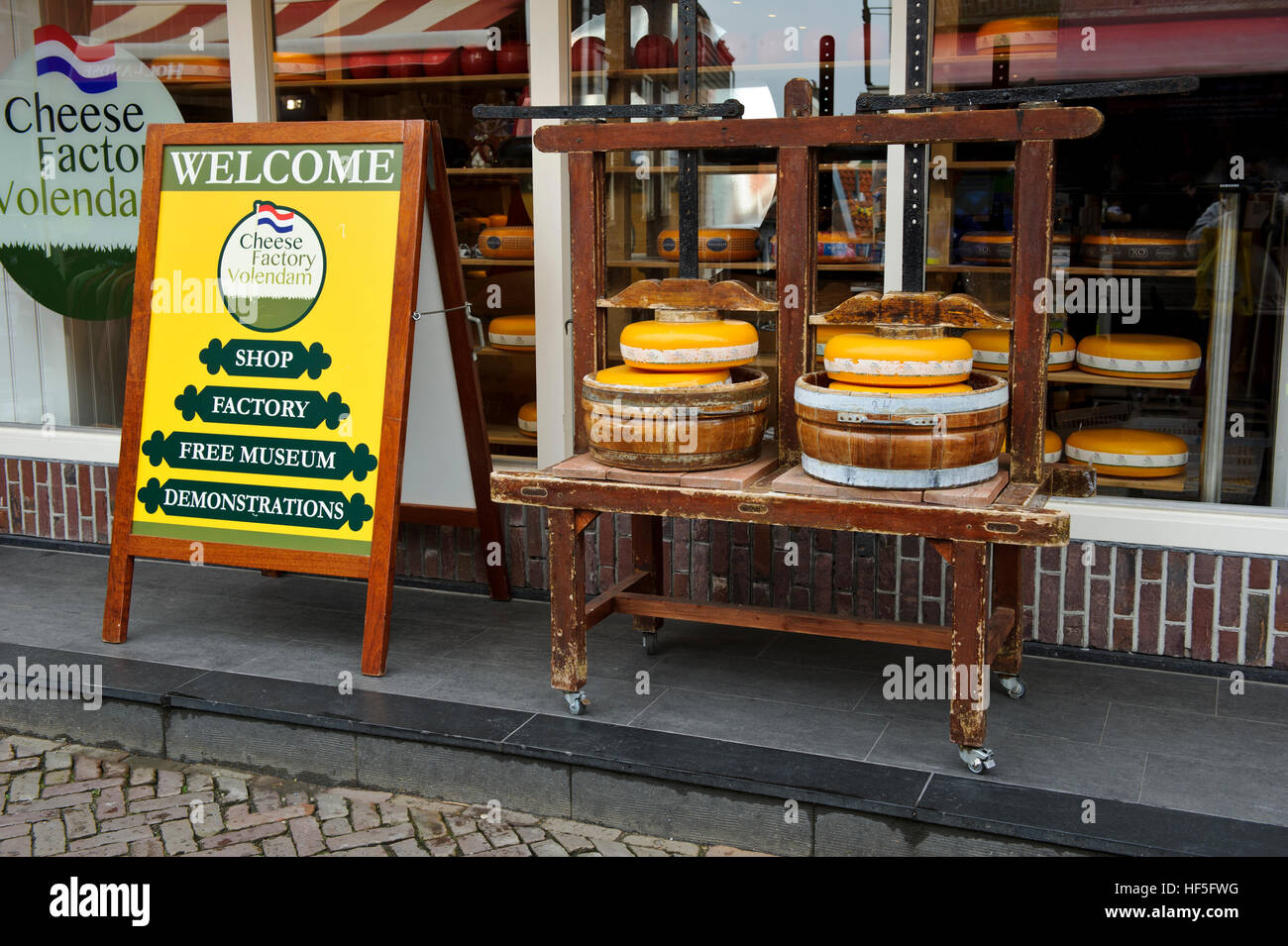 Dutch cheeses on display outside a cheese factory in Volendam, Holland