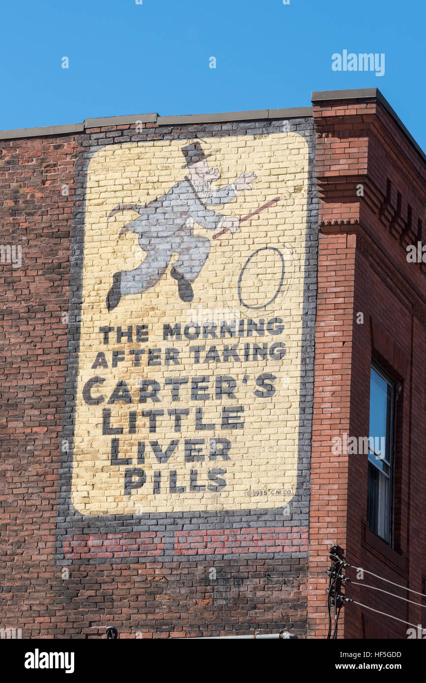 Vintage Carter's Little Liver Pills sign painted onto a building in Brattleboro, Vermont. Stock Photo