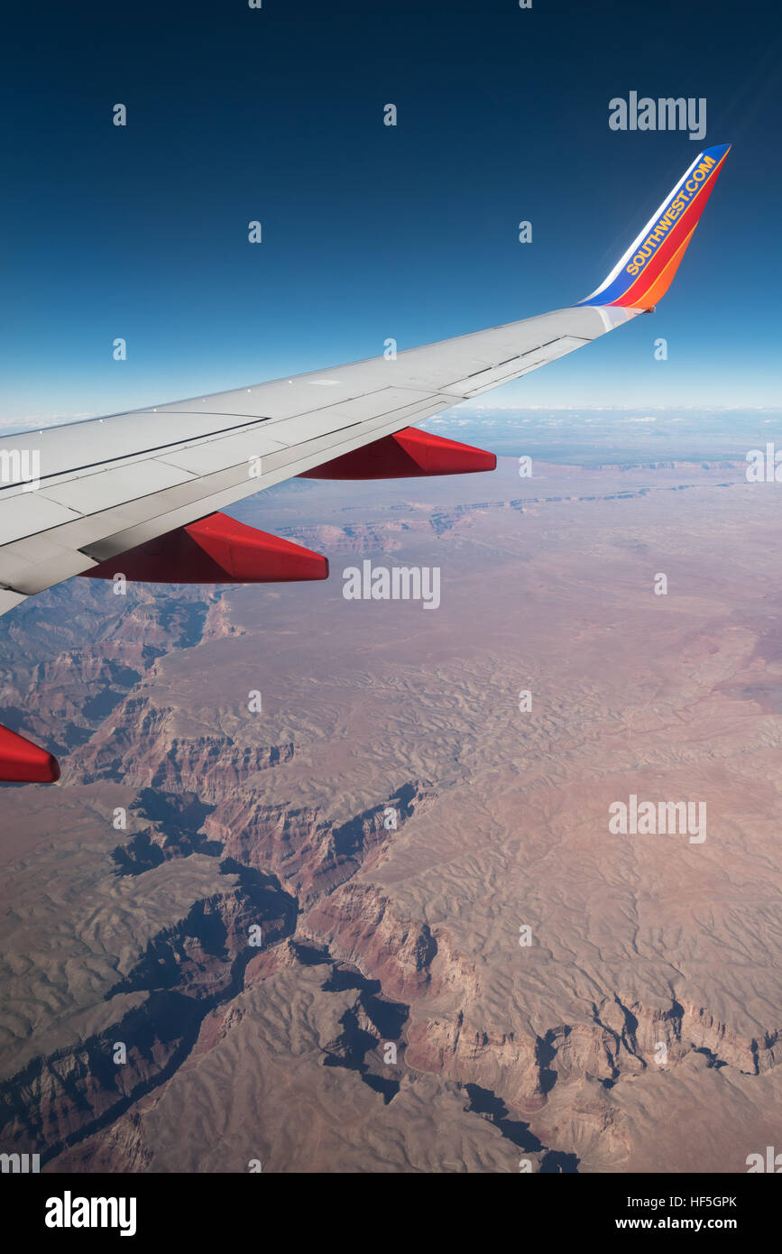 View out the window of a Southwest Airlines jet flying over the Grand