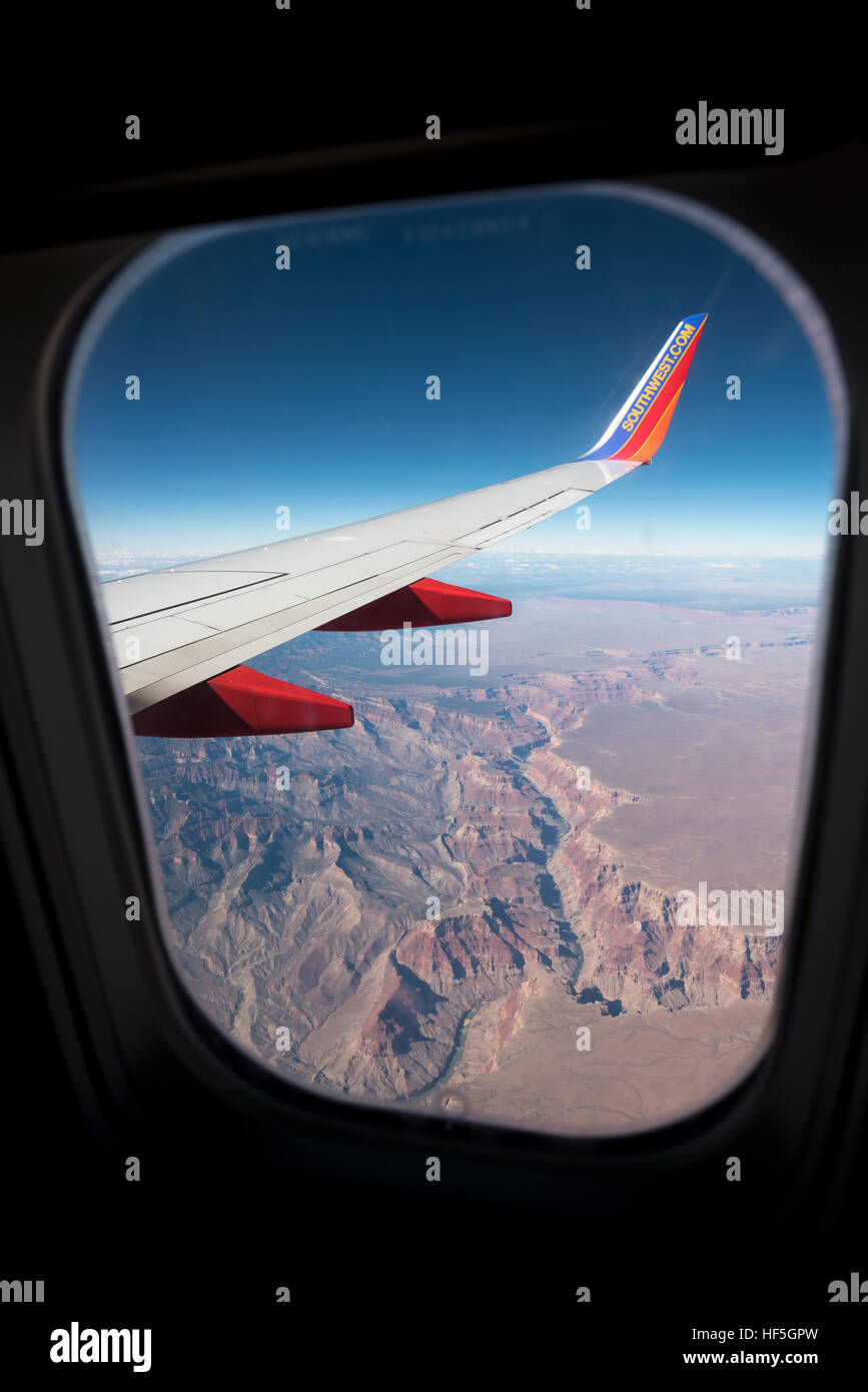 View out the window of a Southwest Airlines jet flying over the Grand