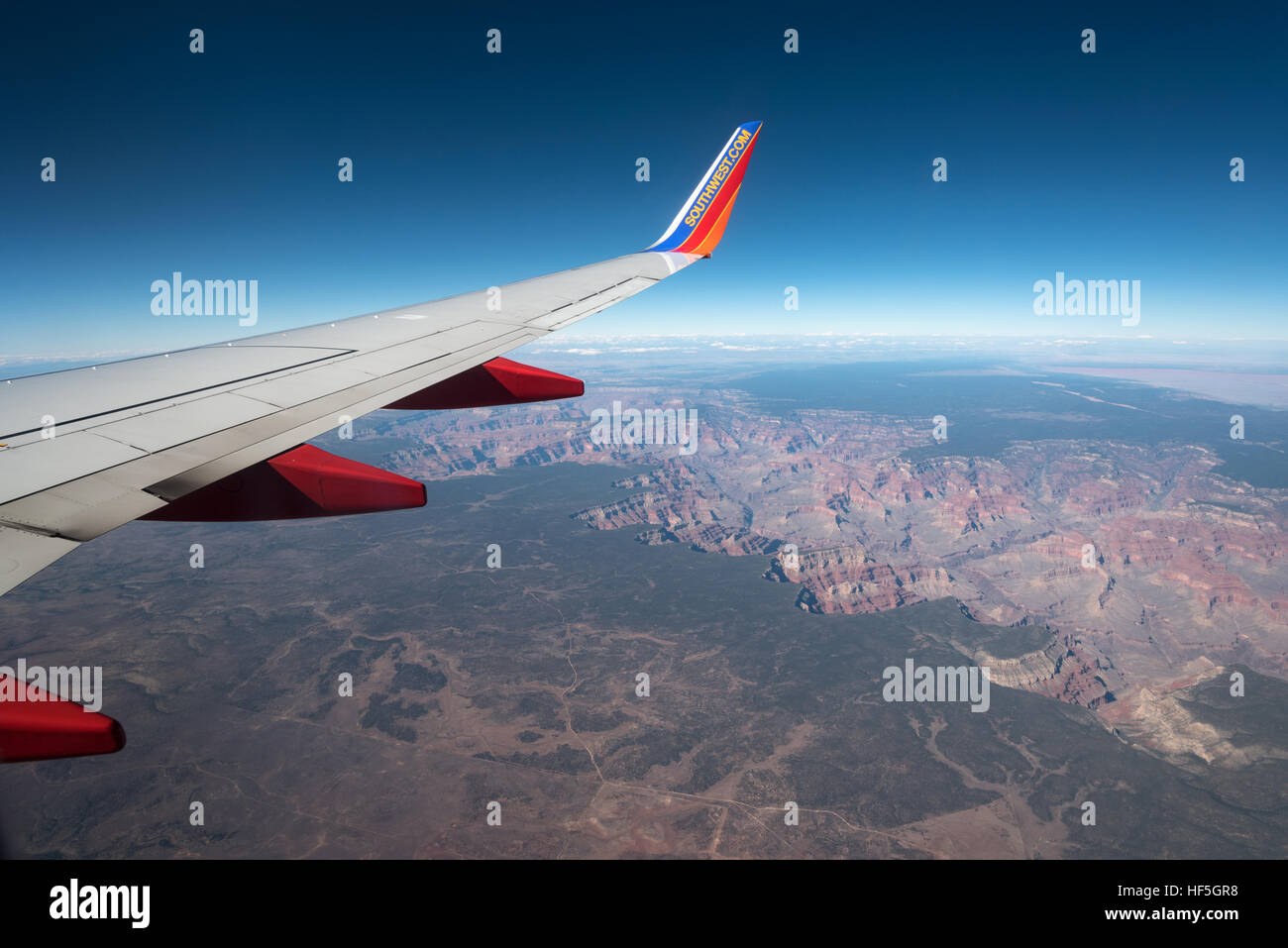 View out the window of a Southwest Airlines jet flying over the Grand