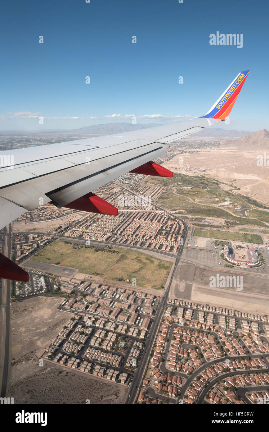 View out the window of a Southwest Airlines jet flying over Las Vegas