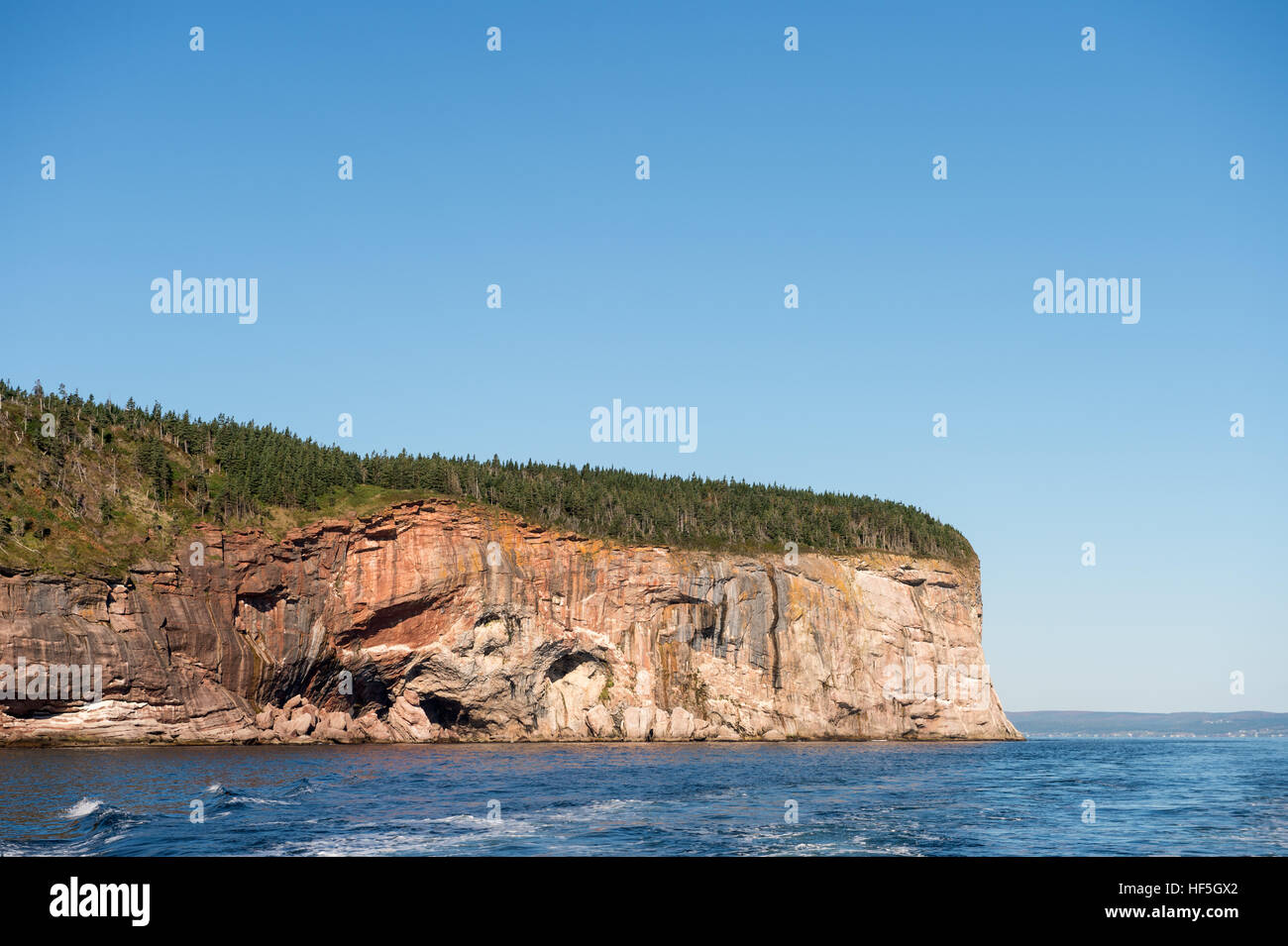 Red sandstone cliffs of Bonaventure Island in the Gaspe Peninsula, Quebec, Stock Photo