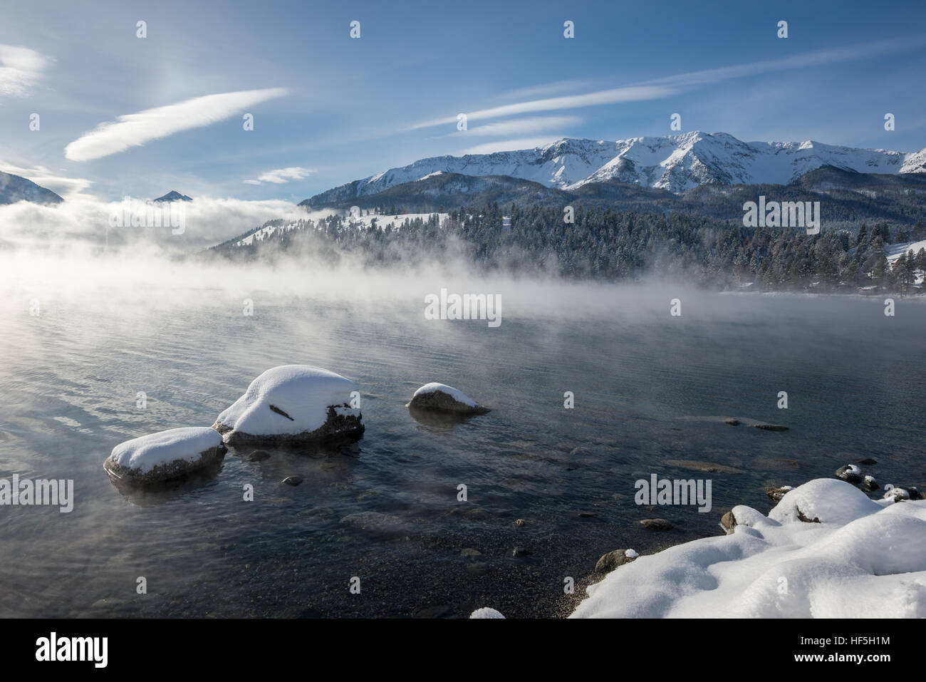 Wallowa Lake steaming on a cold winter morning, Wallowa Valley, Oregon