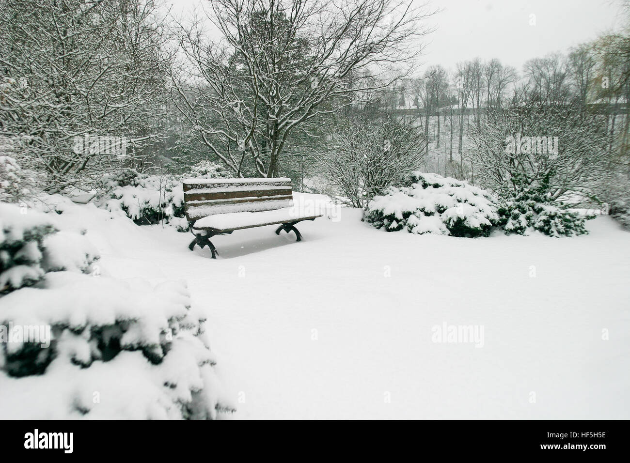 A park bench is covered in a blanket of fresh snow Stock Photo - Alamy