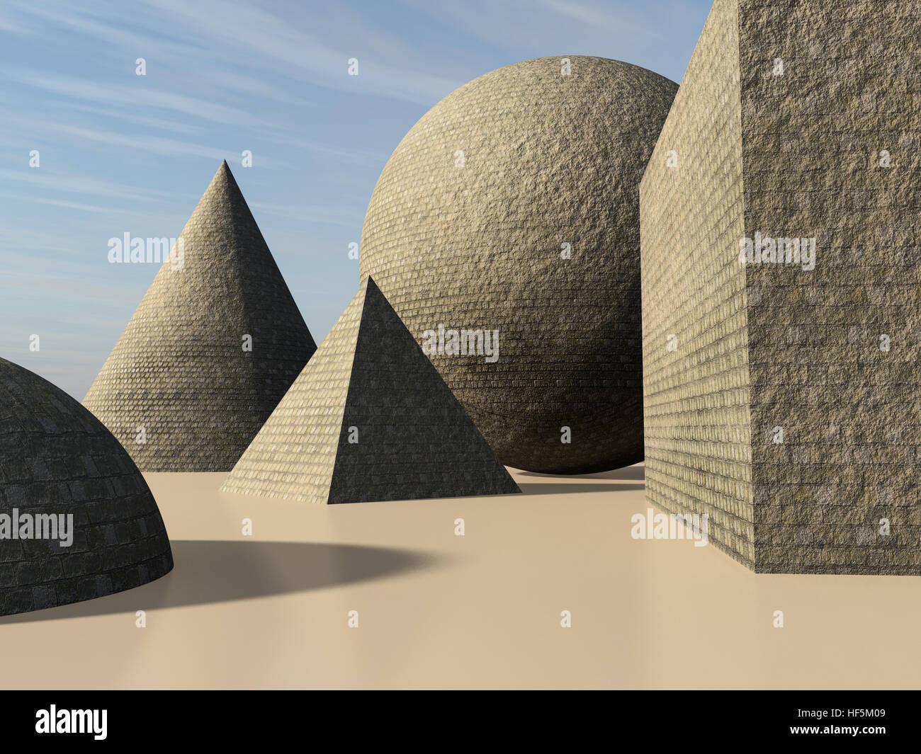 An abstract background with primitive cone, pyramid, sphere and cube