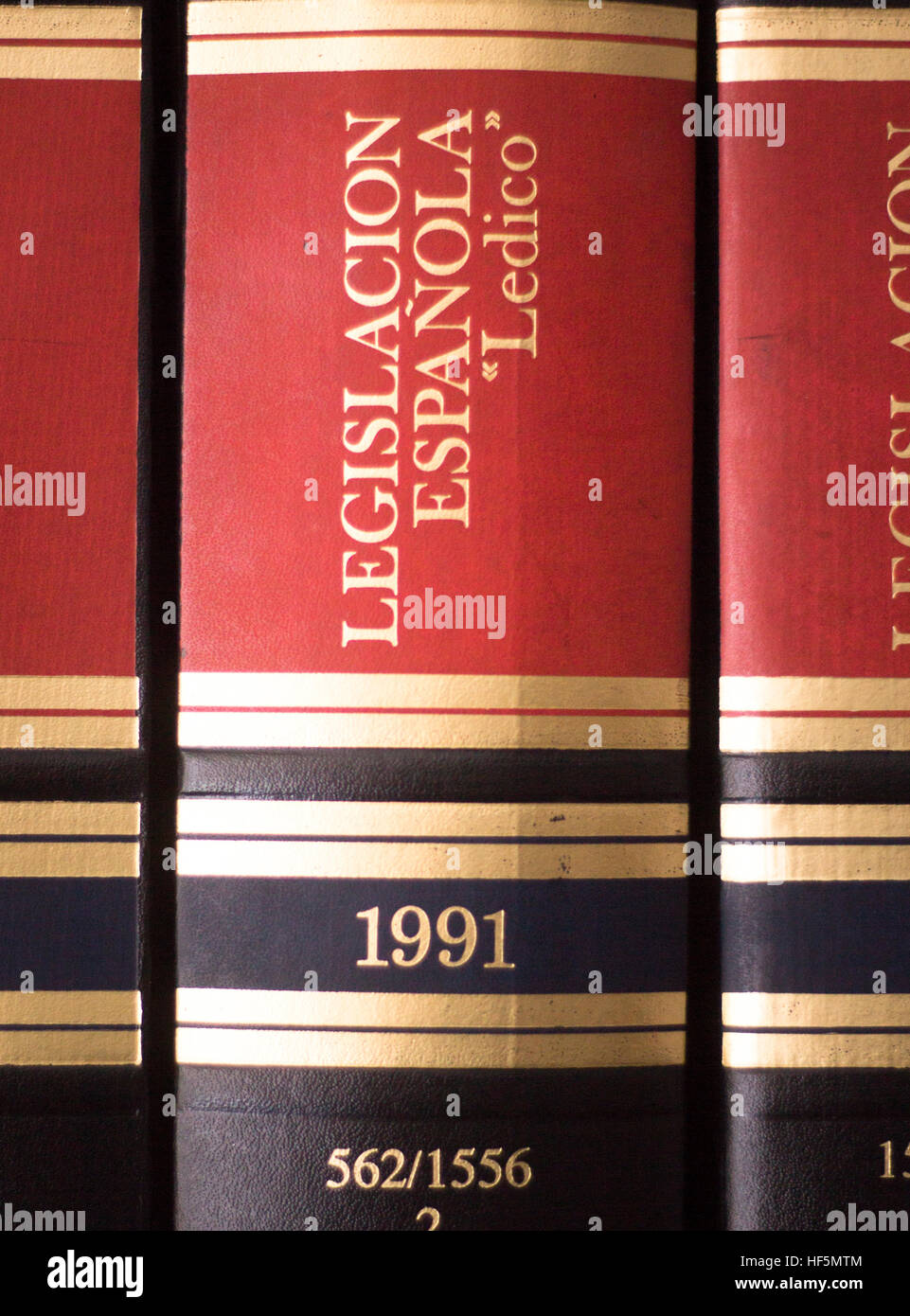 Old legal books law reports on shelves of law offices of attorneys and lawyers in judicial reference library. Stock Photo