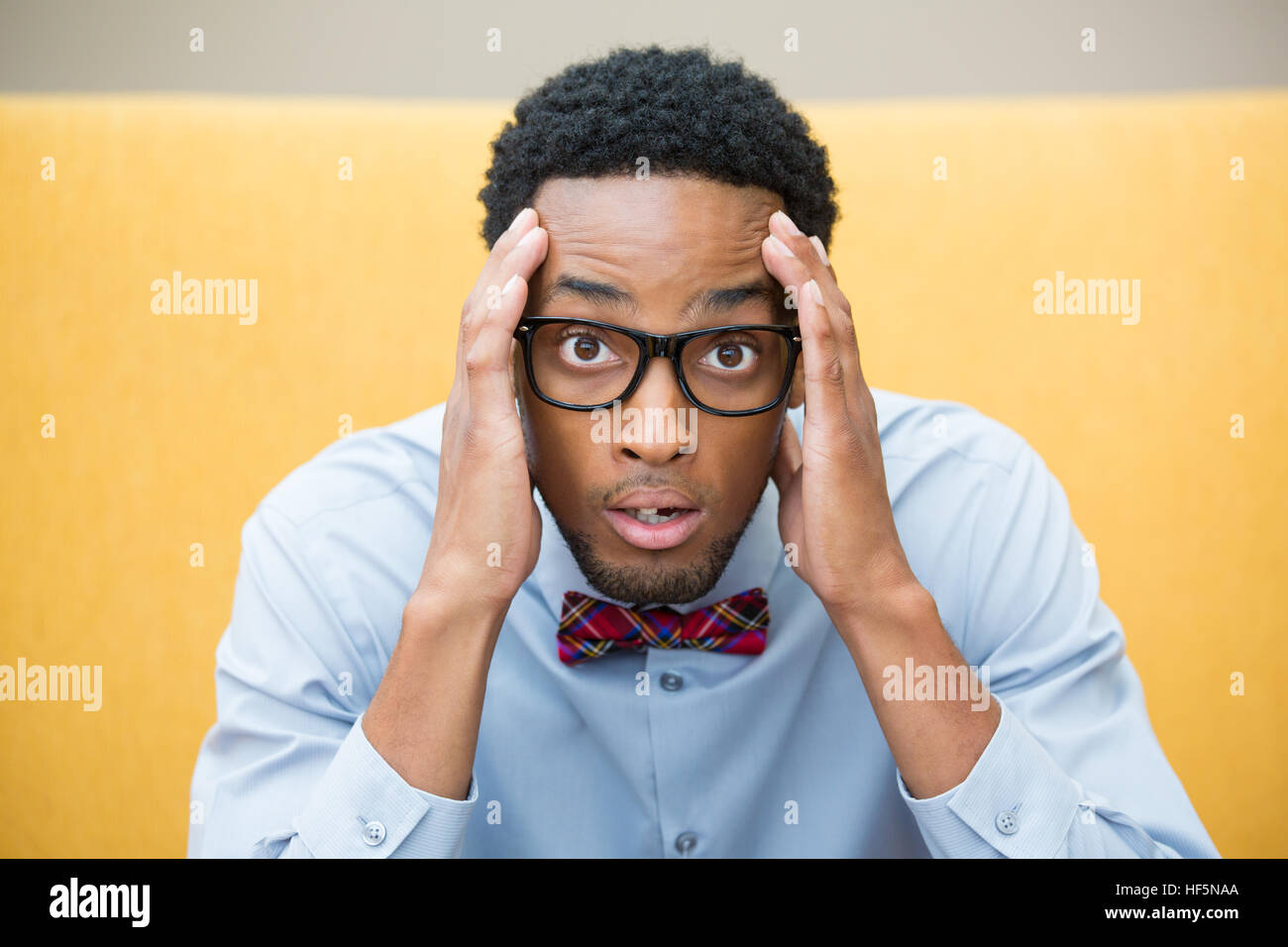 Closeup portrait, stunned nerd young man, hands on head, open mouth jaw drop with bow tie and