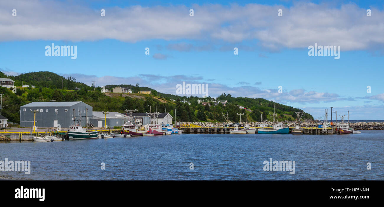 Fishing boats docked in villages' harbours in Bonavista, Newfoundland, Canada. Stock Photo