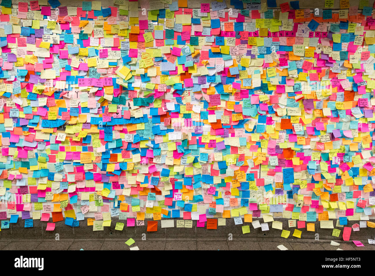 New York, United States of America - November 21, 2016: Sticky post-it notes on wall in Union Square subway station Stock Photo