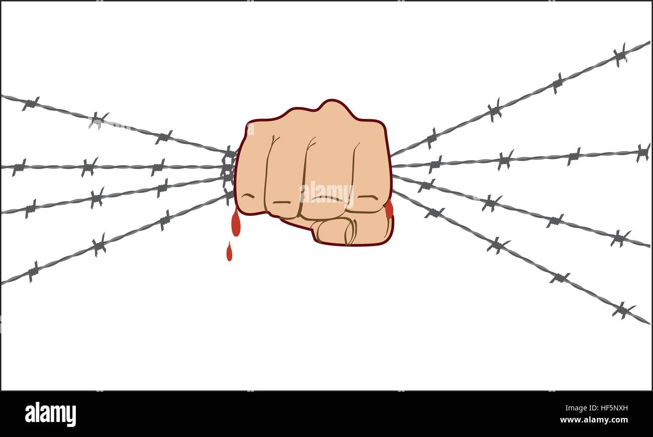Fist up power. Hand holding barbed wire and breaks it. Fight for freedom. Concept of protest, revolution, refugee. Social theme. Flat color style Stock Vector